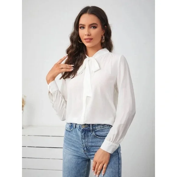 J. Crew Tie Neck Secretary Button-Down Blouse Size Large - Picture 2 of 7